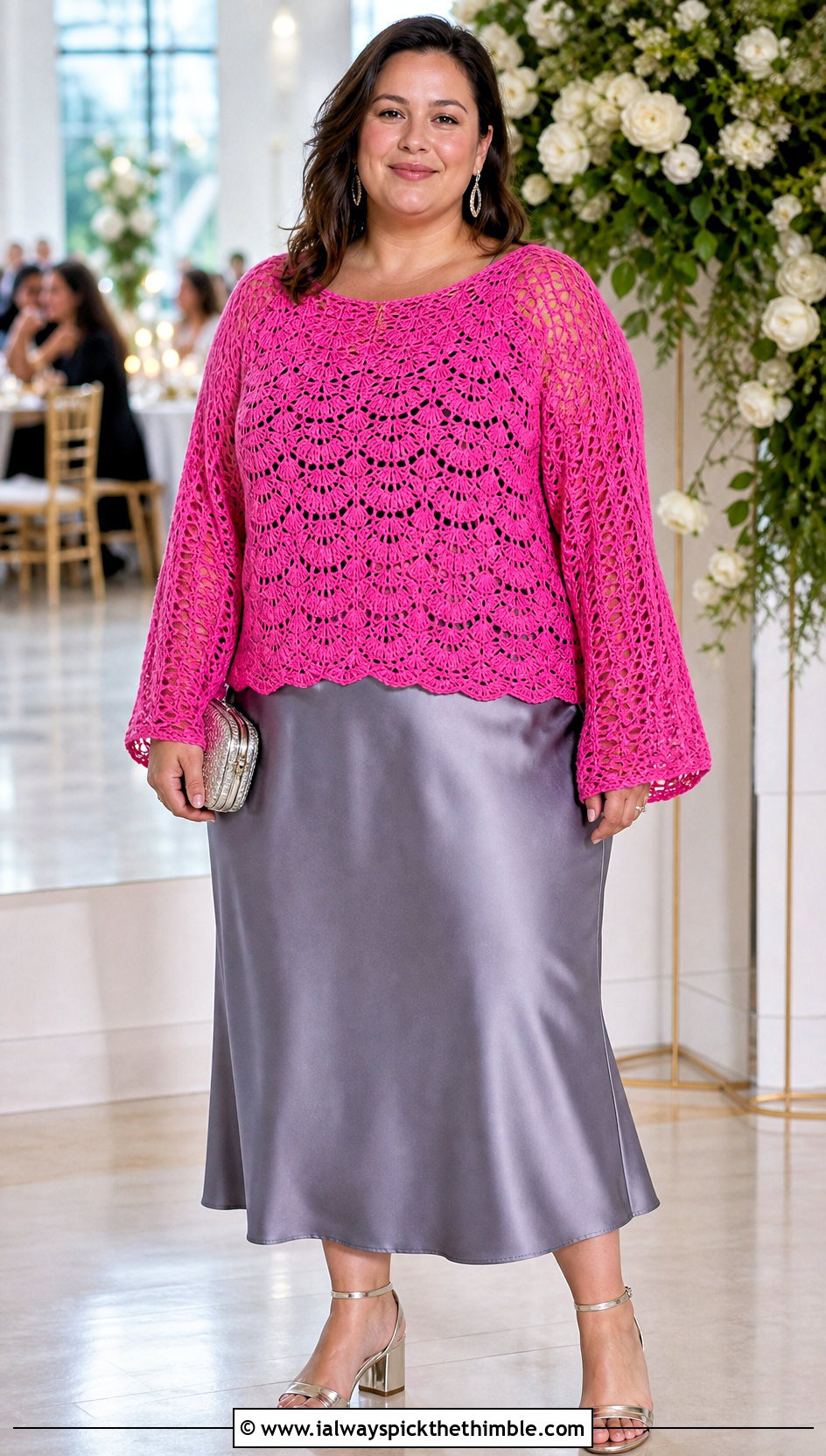 XXL Shell Stitch Crochet Blouse With Satin Skirt - 20 Xxl Crochet Top outfit ideas