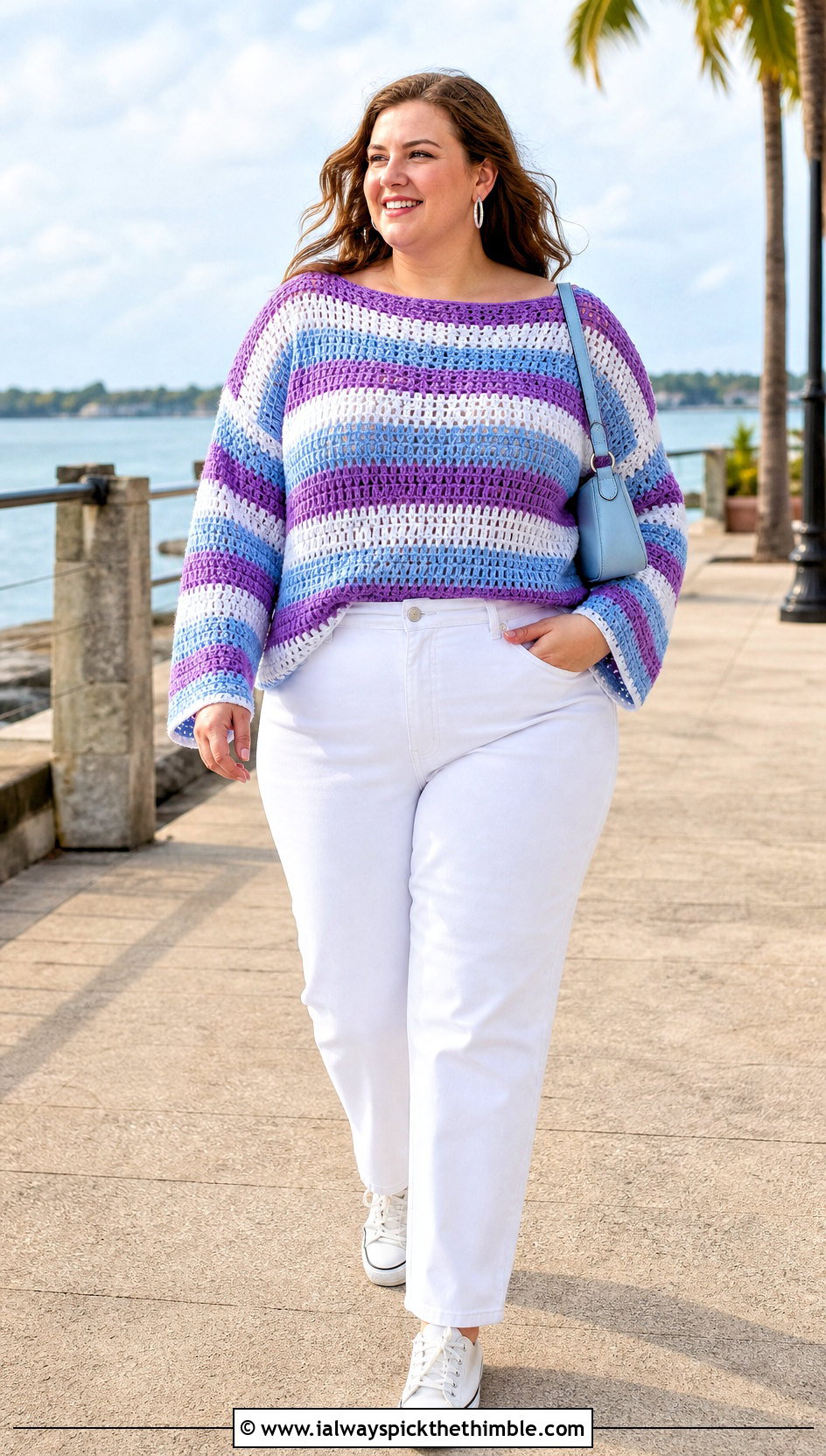 XXL Striped Crochet Boatneck Top With White Jeans - 20 Xxl Crochet Top outfit ideas