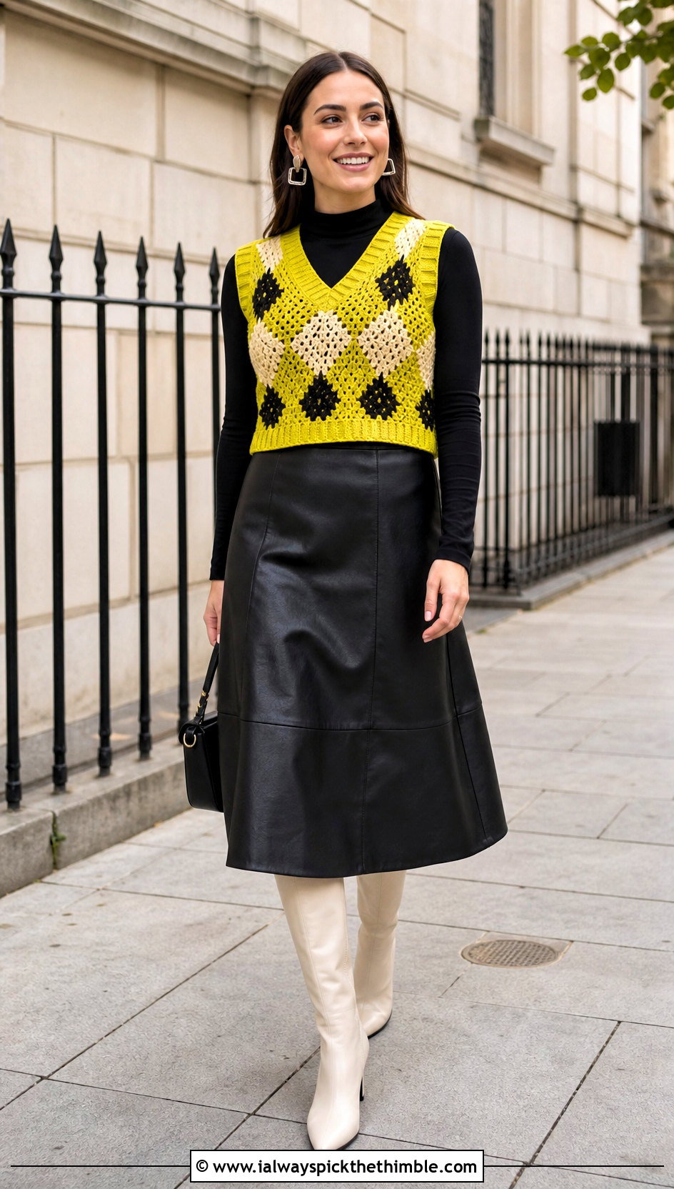 Yellow Argyle Crocheted Sweater Vest With Leather Skirt - 15 Yellow Crocheted Sweater Vest outfit ideas