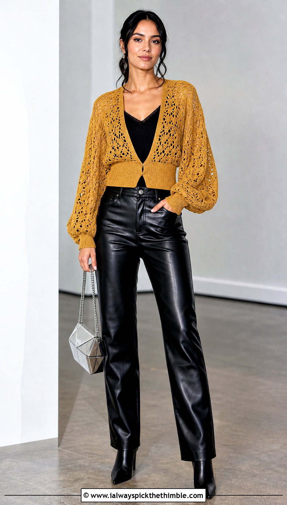 Yellow Balloon Sleeve Crochet Cardigan With Leather Pants - 20 yellow crochet cardigan outfit ideas