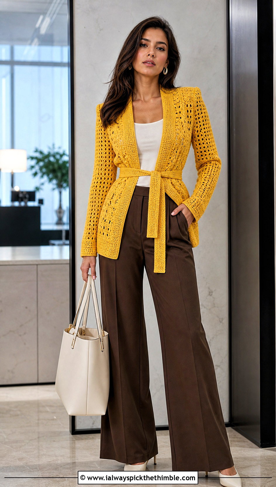 Yellow Belted Crochet Cardigan With Wide Leg Trousers - 20 yellow crochet cardigan outfit ideas