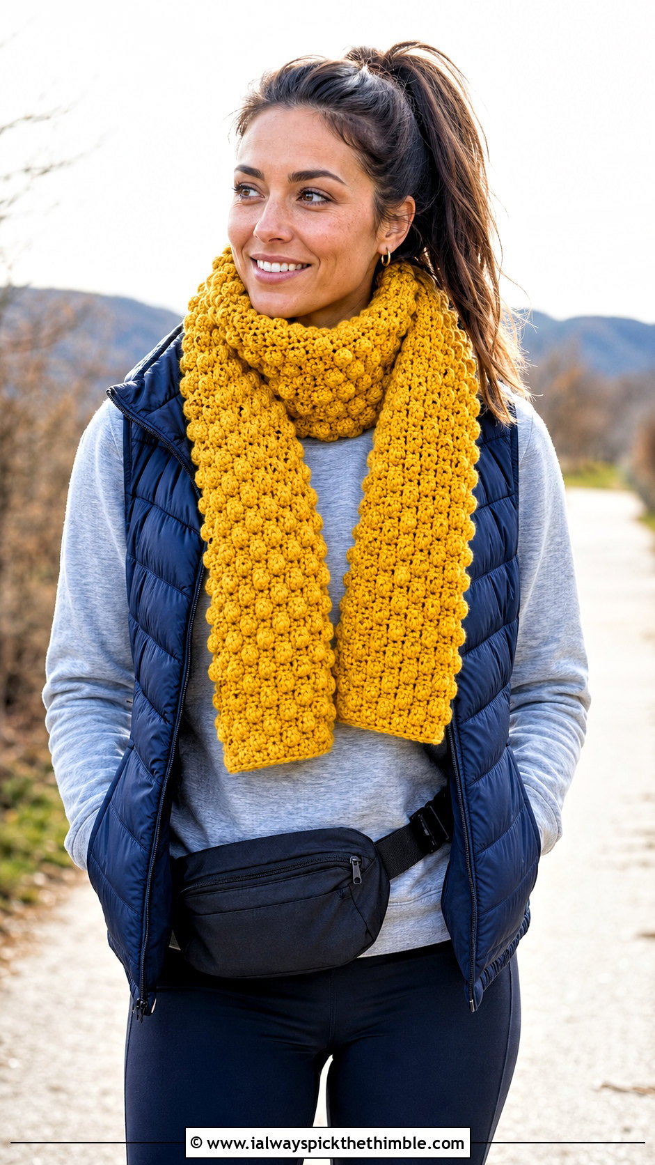 Yellow Bobble Stitch Crochet Scarf With Athleisure - 15 autumn yellow crochet scarf outfit ideas