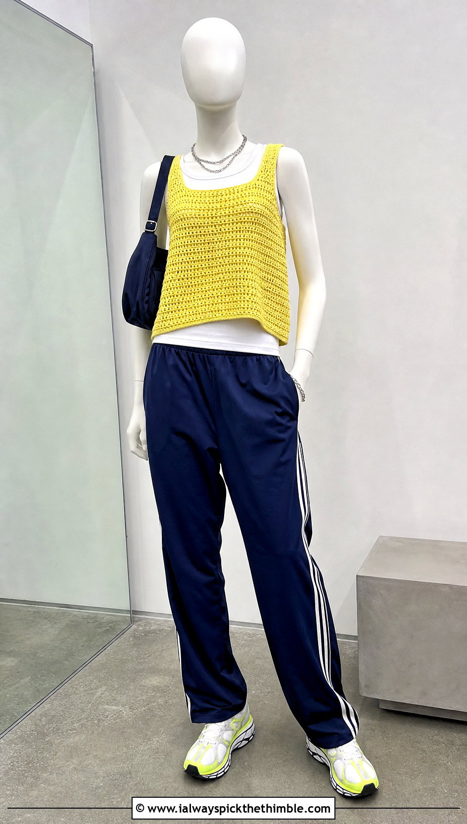 Yellow Boxy Crochet Tank With Track Pants - 15 yellow crochet top on mannequin outfit ideas