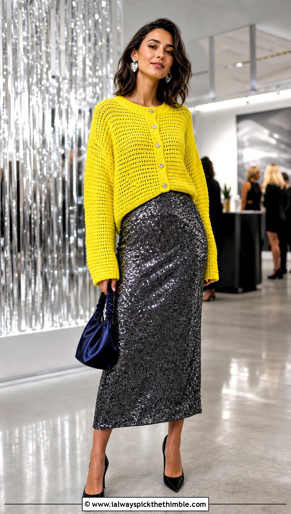 Yellow Boxy Drop Shoulder Crochet Cardigan With Sequin Skirt - 15 Yellow Crochet Cardigan With Buttons outfit ideas