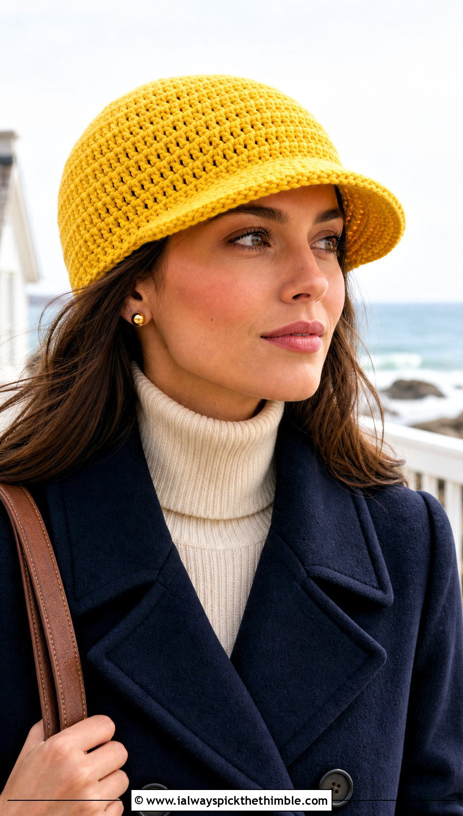Yellow Brimmed Crochet Beanie With Peacoat - 25 yellow crochet hat outfit ideas