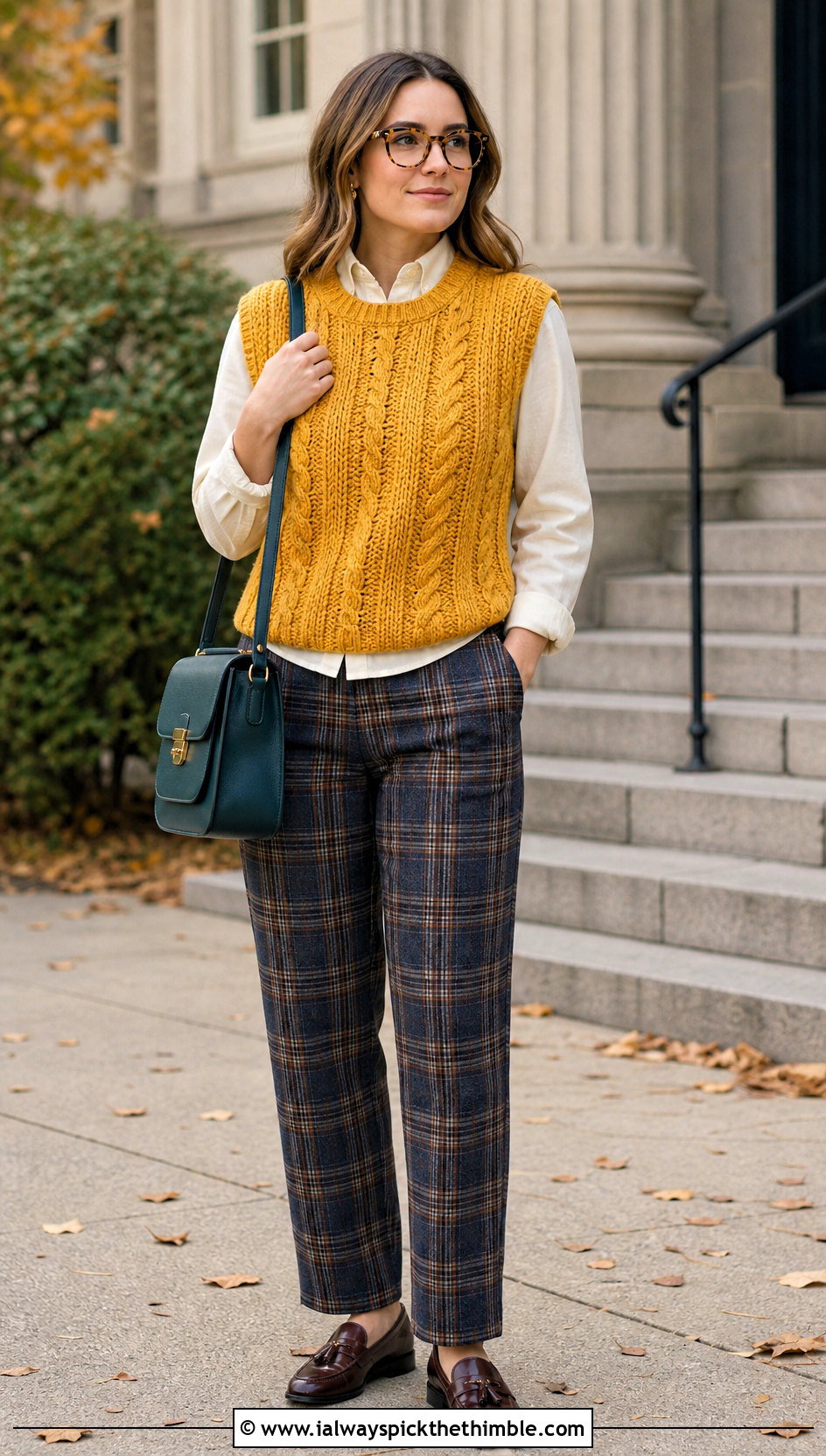 Yellow Cable Look Crocheted Sweater Vest With Plaid Trousers - 15 Yellow Crocheted Sweater Vest outfit ideas