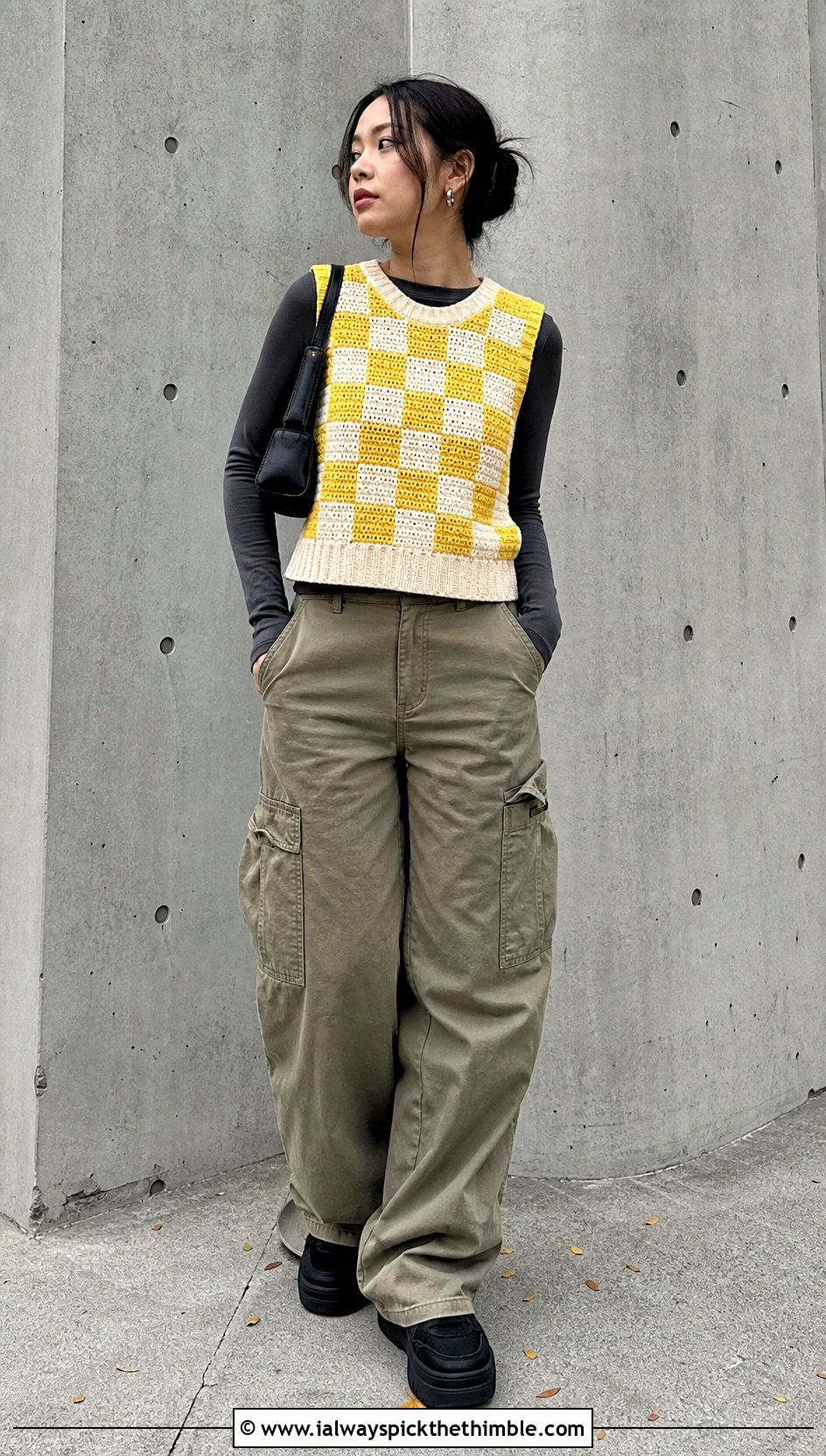 Yellow Checkerboard Crocheted Sweater Vest With Cargo Pants - 15 Yellow Crocheted Sweater Vest outfit ideas