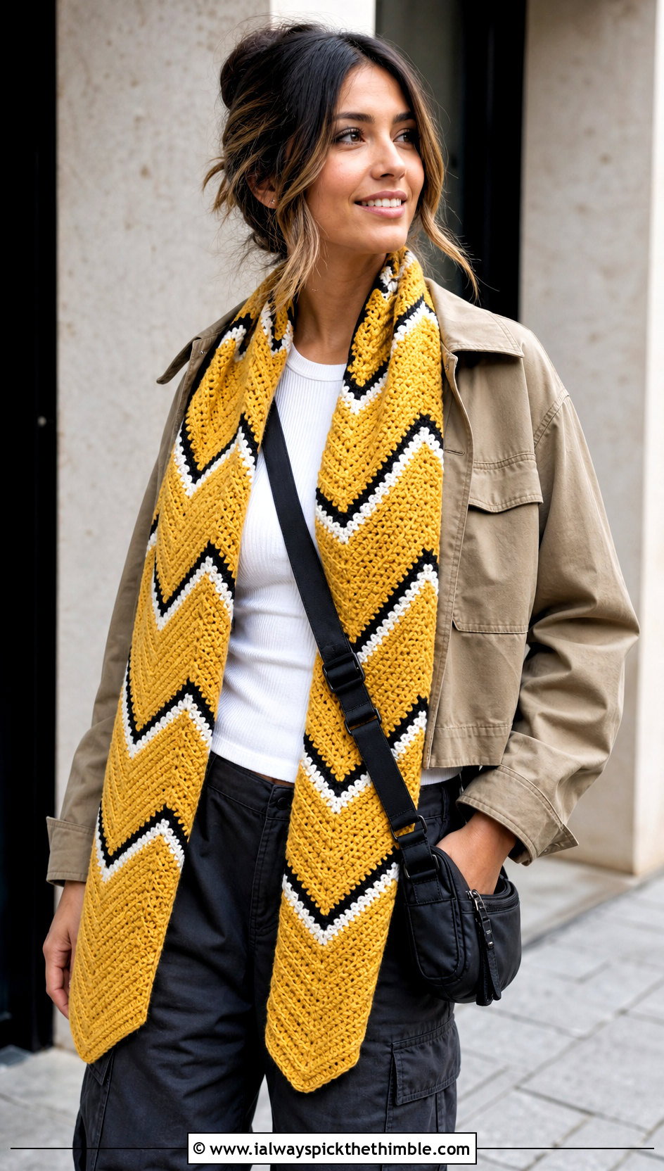 Yellow Chevron Crochet Scarf With Cargo Pants - 15 yellow crocheted scarf on table outfit ideas