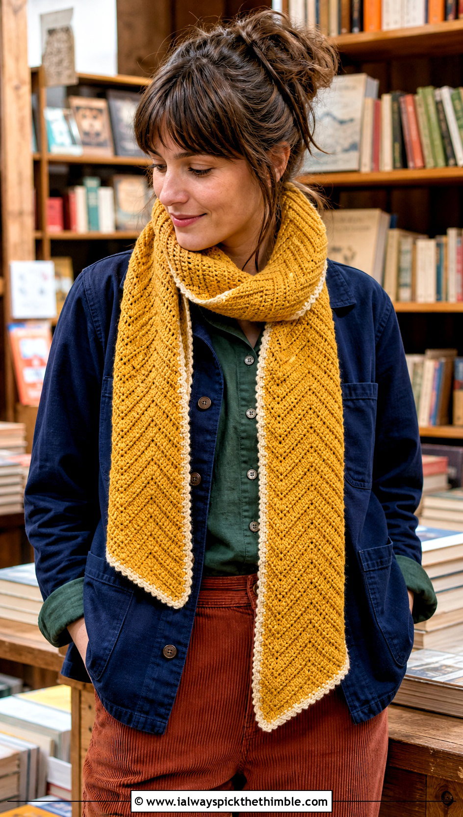 Yellow Chevron Crochet Scarf With Corduroy Pants - 15 autumn yellow crochet scarf outfit ideas