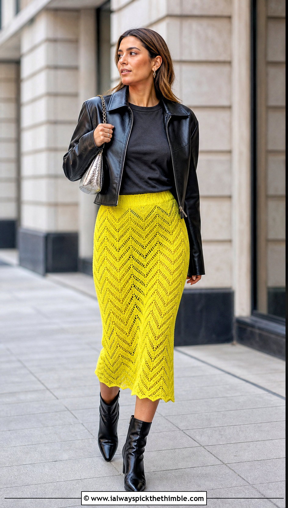 Yellow Chevron Crochet Skirt With Leather Jacket - 25 yellow crochet skirt outfit ideas