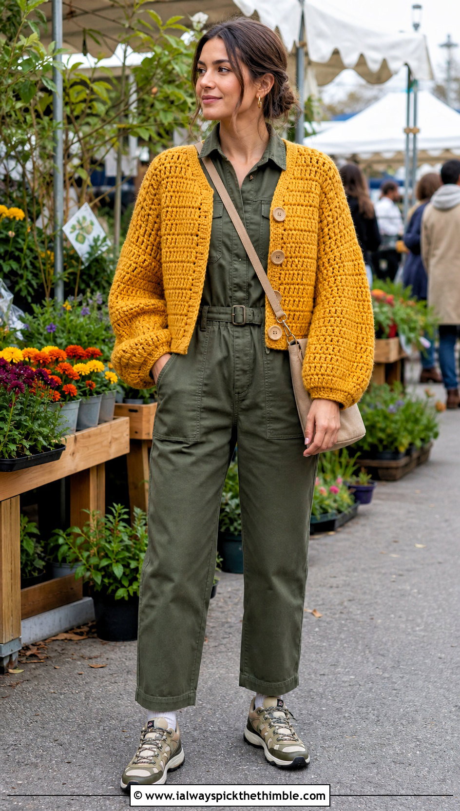 Yellow Chunky Balloon Sleeve Crochet Cardigan With Utility Jumpsuit - 15 Yellow Crochet Cardigan With Buttons outfit ideas