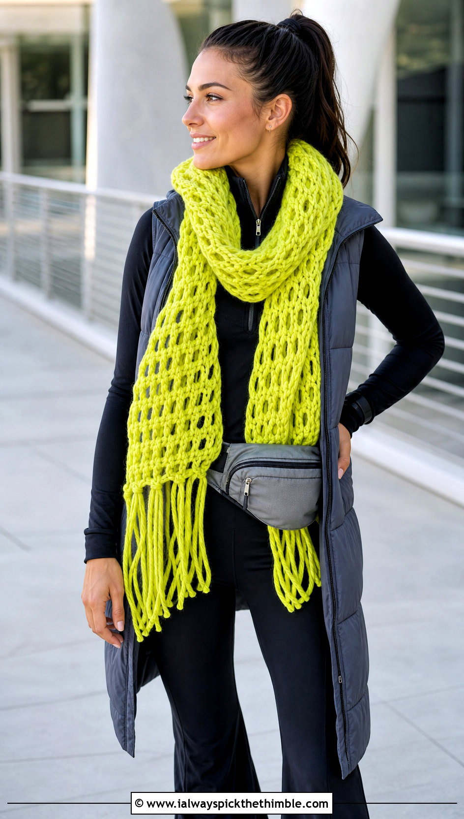 Yellow Chunky Fringe Scarf With Athleisure - 15 yellow crocheted scarf on table outfit ideas