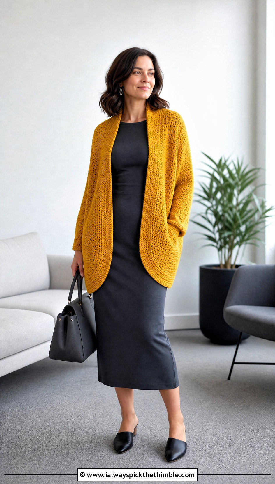 Yellow Cocoon Crochet Cardigan With Column Dress - 20 yellow crochet cardigan outfit ideas