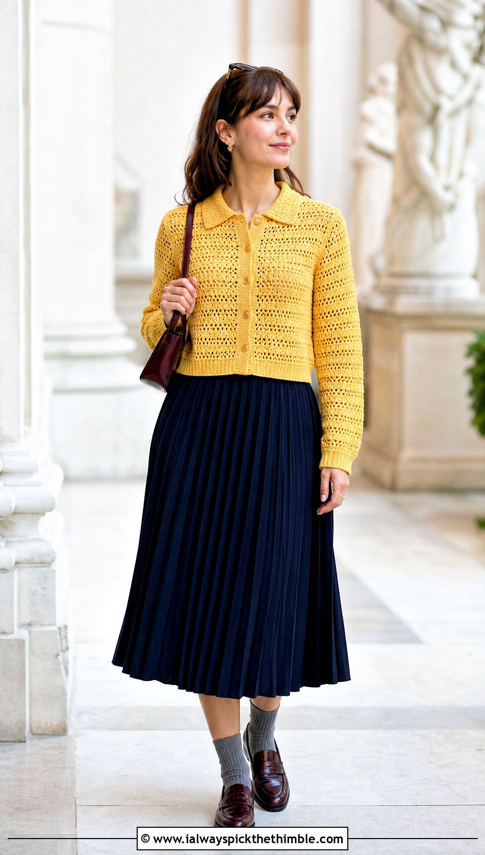Yellow Collared Crochet Cardigan With Pleated Midi Skirt - 20 yellow crochet cardigan outfit ideas