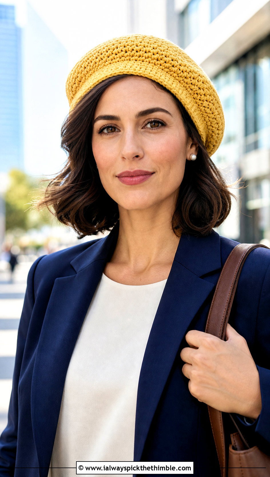 Yellow Crochet Beret With Blazer And Trousers - 25 yellow crochet hat outfit ideas