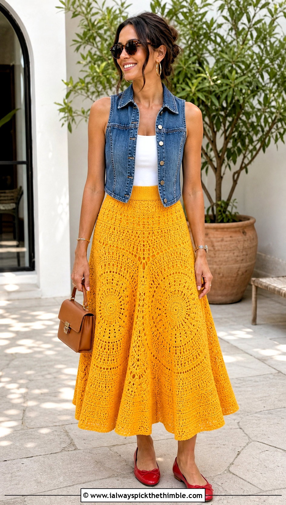 Yellow Crochet Circle Skirt With Denim Vest - 25 yellow crochet skirt outfit ideas