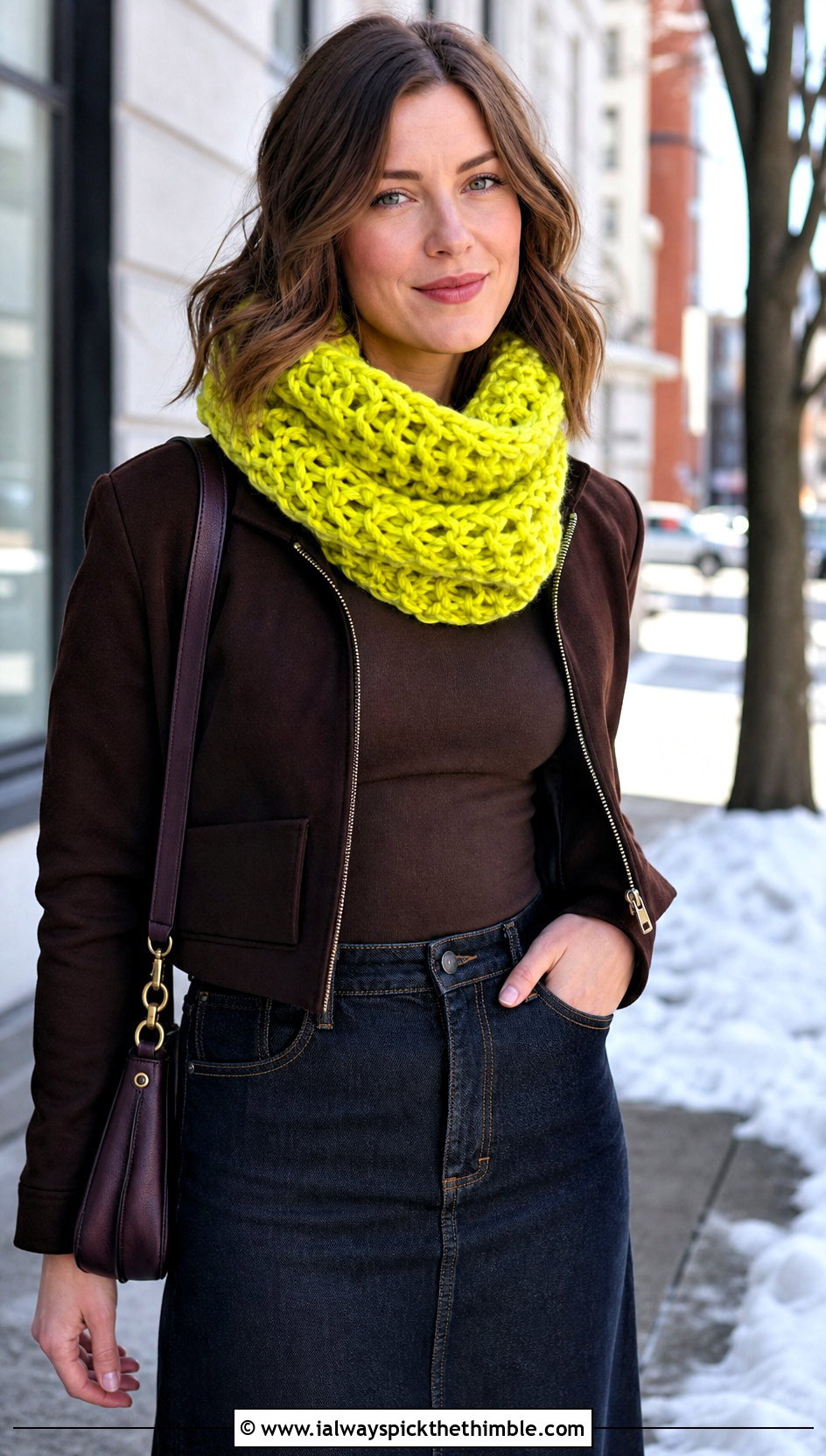 Yellow Crochet Cowl Scarf With Denim Maxi Skirt - 15 yellow crocheted scarf on table outfit ideas
