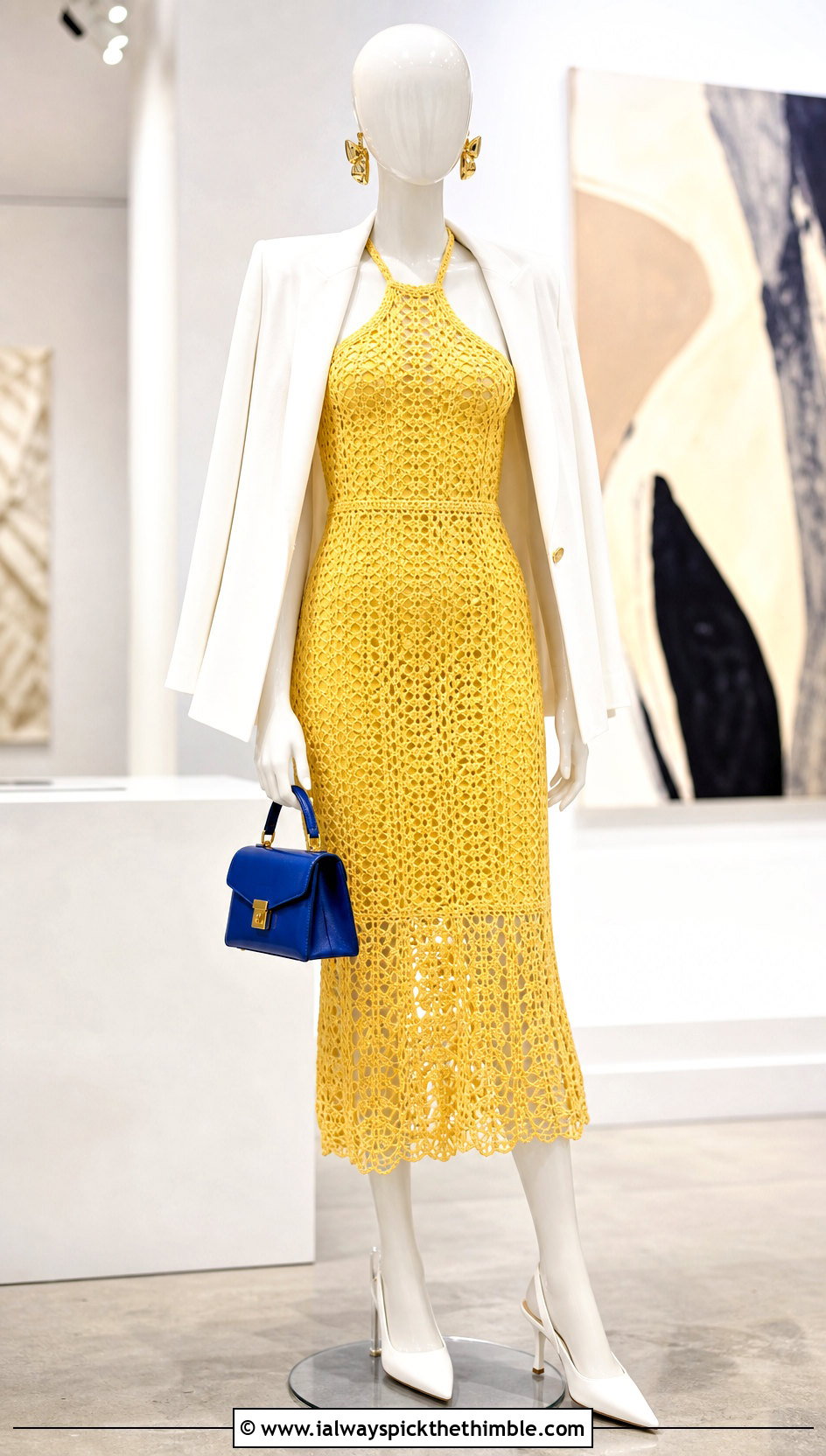Yellow Crochet Halter Midi Dress With White Blazer - 15 yellow crochet dress on mannequin outfit ideas