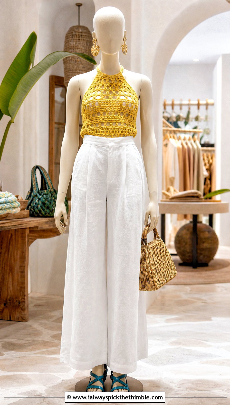 Yellow Crochet Halter Top With Linen Trousers - 15 yellow crochet top on mannequin outfit ideas