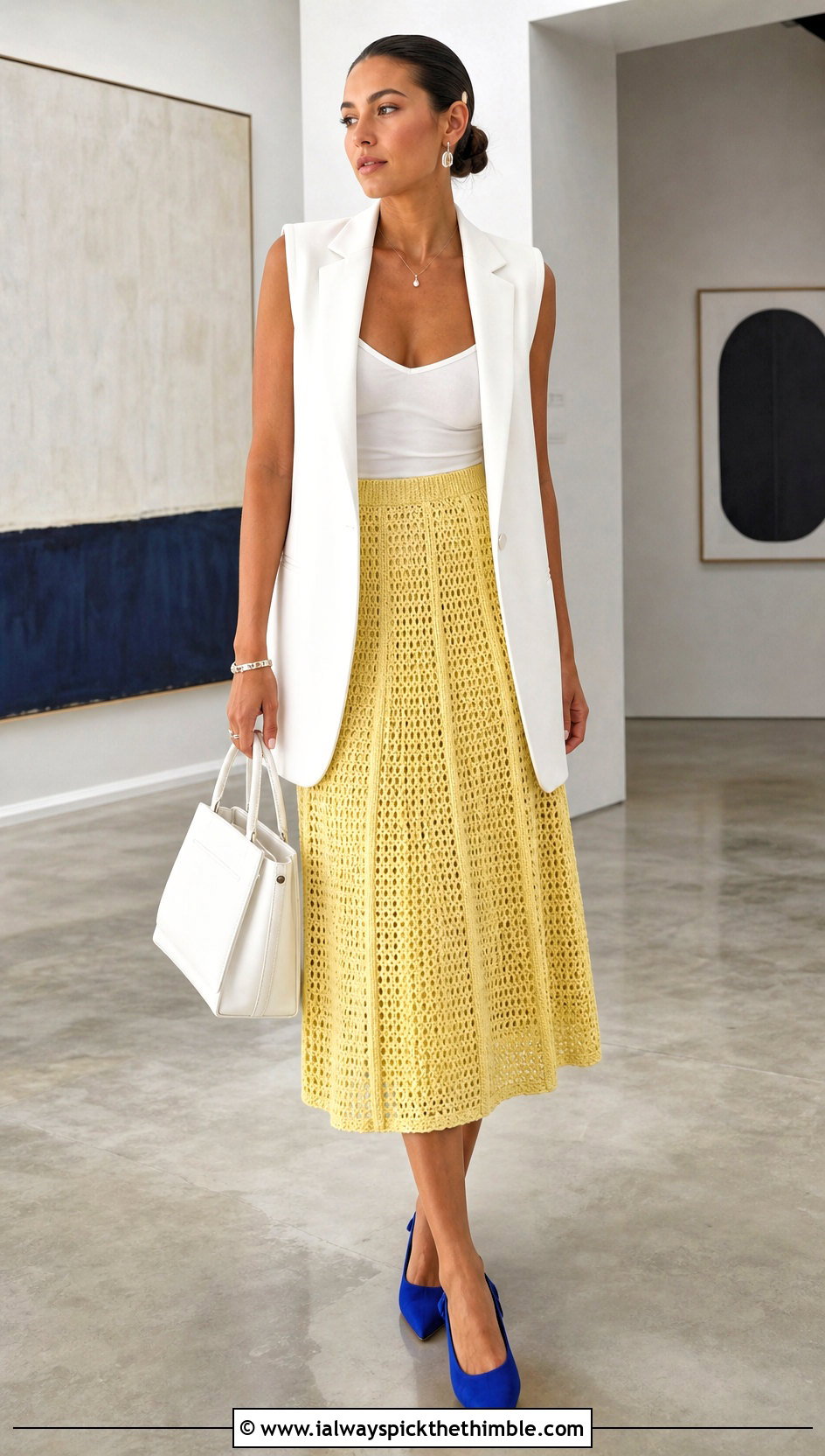 Yellow Crochet Panel Skirt With Tailored Waistcoat - 25 yellow crochet skirt outfit ideas