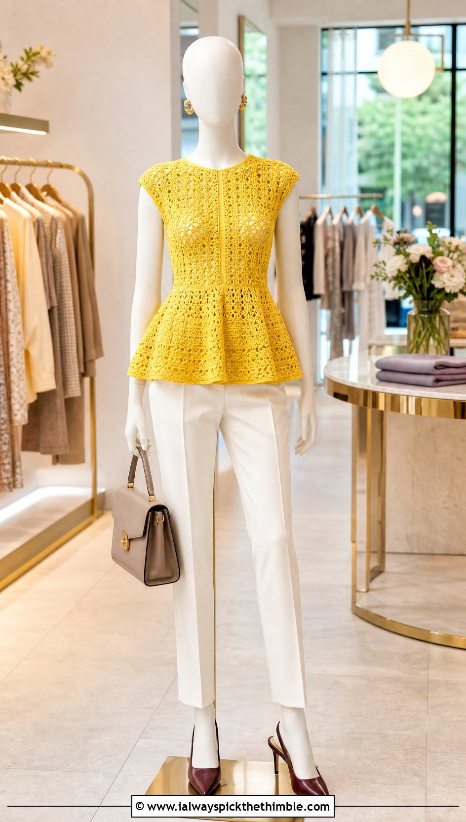 Yellow Crochet Peplum Top With Tailored Trousers - 15 yellow crochet top on mannequin outfit ideas