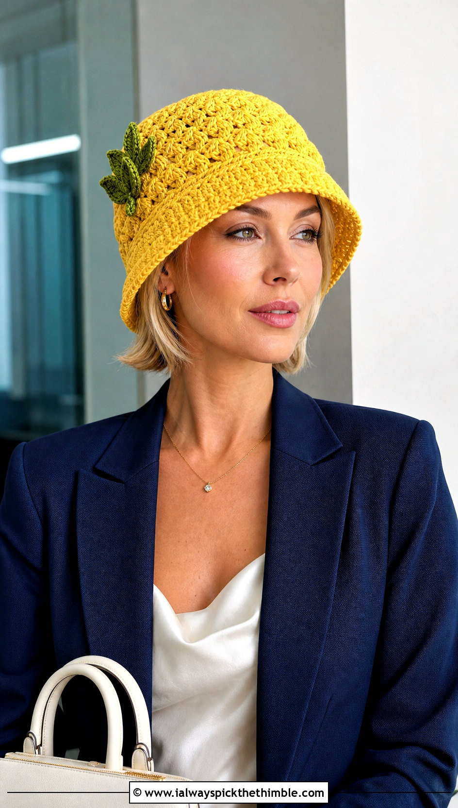 Yellow Crochet Pineapple Cloche Hat With A Pantsuit - 15 Yellow Crochet Pineapple Hat outfit ideas