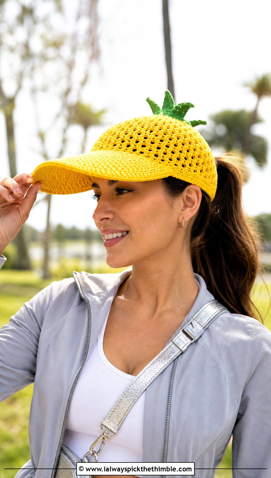 Yellow Crochet Pineapple Visor Cap With A Track Set - 15 Yellow Crochet Pineapple Hat outfit ideas