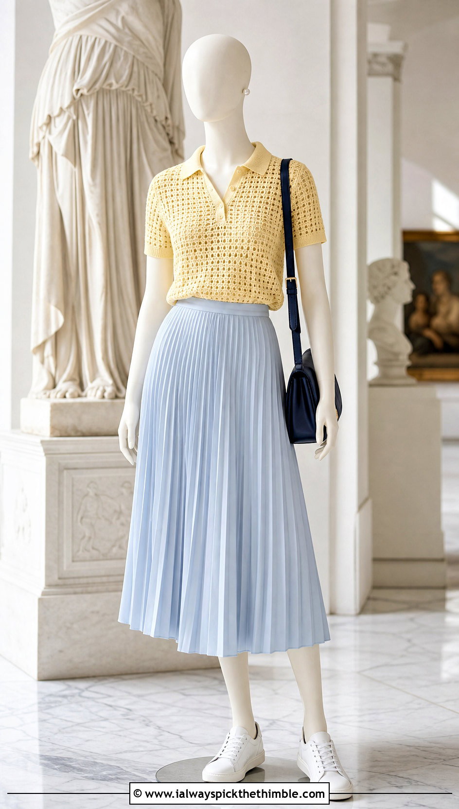 Yellow Crochet Polo Top With Pleated Midi Skirt - 15 yellow crochet top on mannequin outfit ideas
