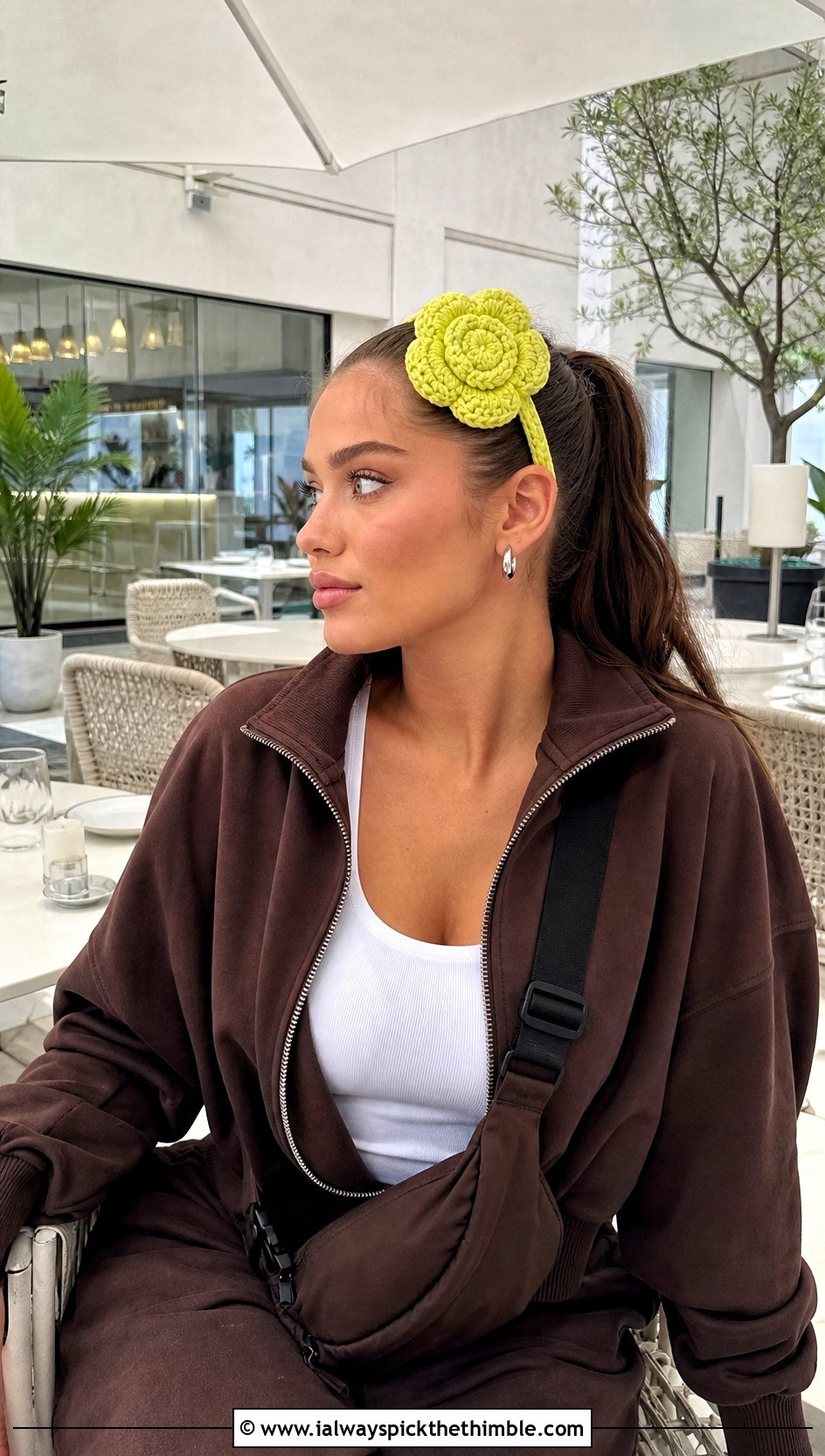 Yellow Crochet Puff Stitch Peony Headband With Tracksuit - 15 yellow crochet flower headband outfit ideas