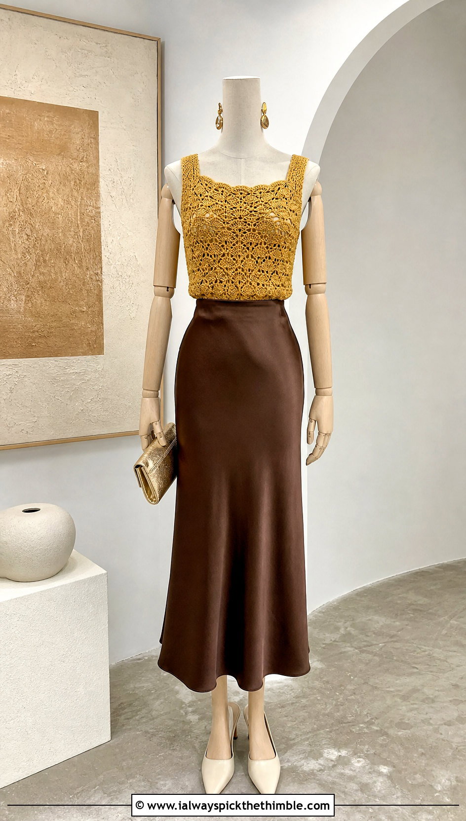 Yellow Crochet Shell Top With Satin Midi Skirt - 15 yellow crochet top on mannequin outfit ideas