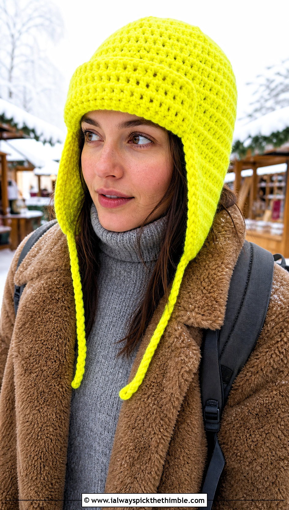 Yellow Crochet Trapper Hat With Shearling Coat - 25 yellow crochet hat outfit ideas