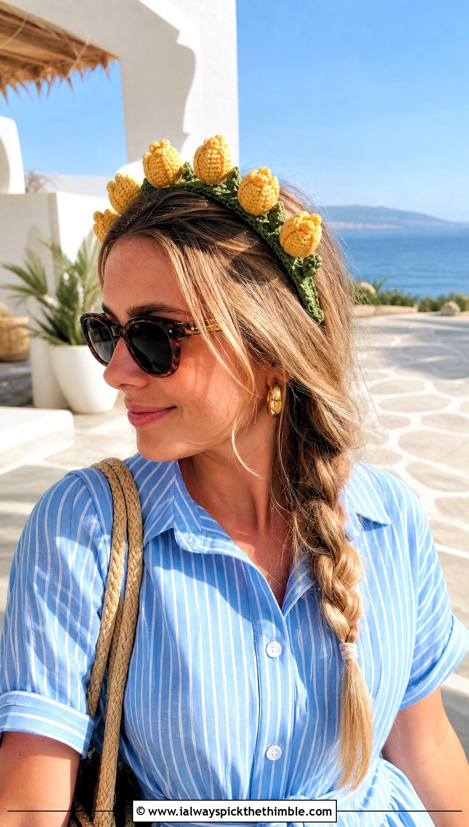 Yellow Crochet Tulip Headband With Shirt Dress - 15 yellow crochet flower headband outfit ideas