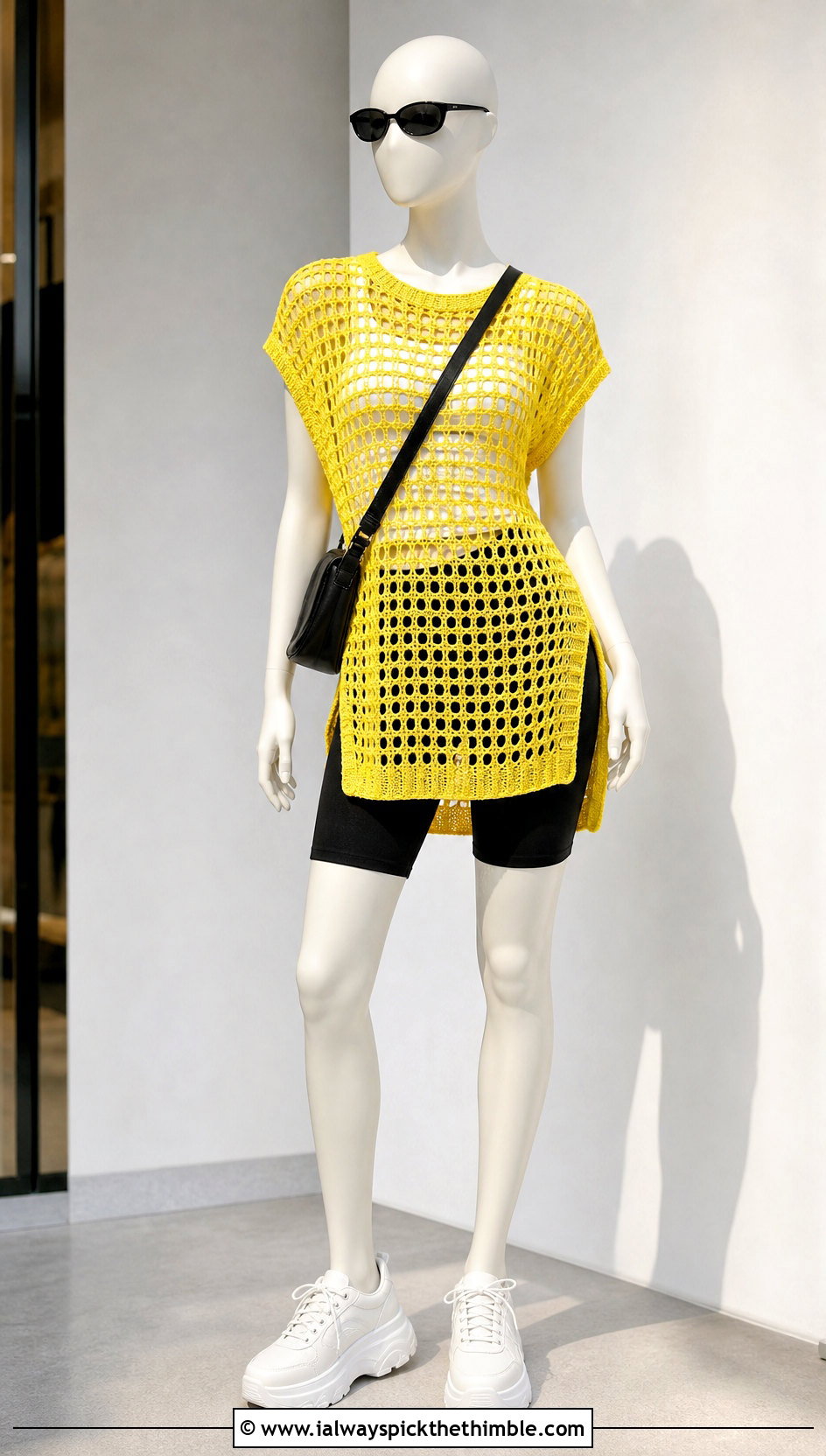 Yellow Crochet Tunic Top With Bike Shorts - 15 yellow crochet top on mannequin outfit ideas
