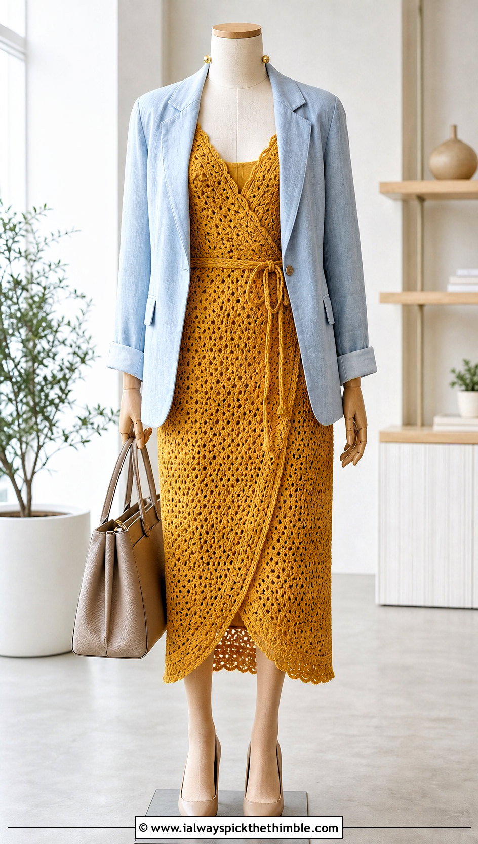 Yellow Crochet Wrap Dress With Linen Blazer - 15 yellow crochet dress on mannequin outfit ideas