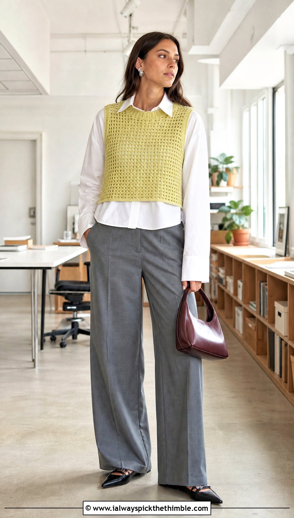 Yellow Cropped Mesh Crocheted Sweater Vest With Wide Leg Trousers - 15 Yellow Crocheted Sweater Vest outfit ideas
