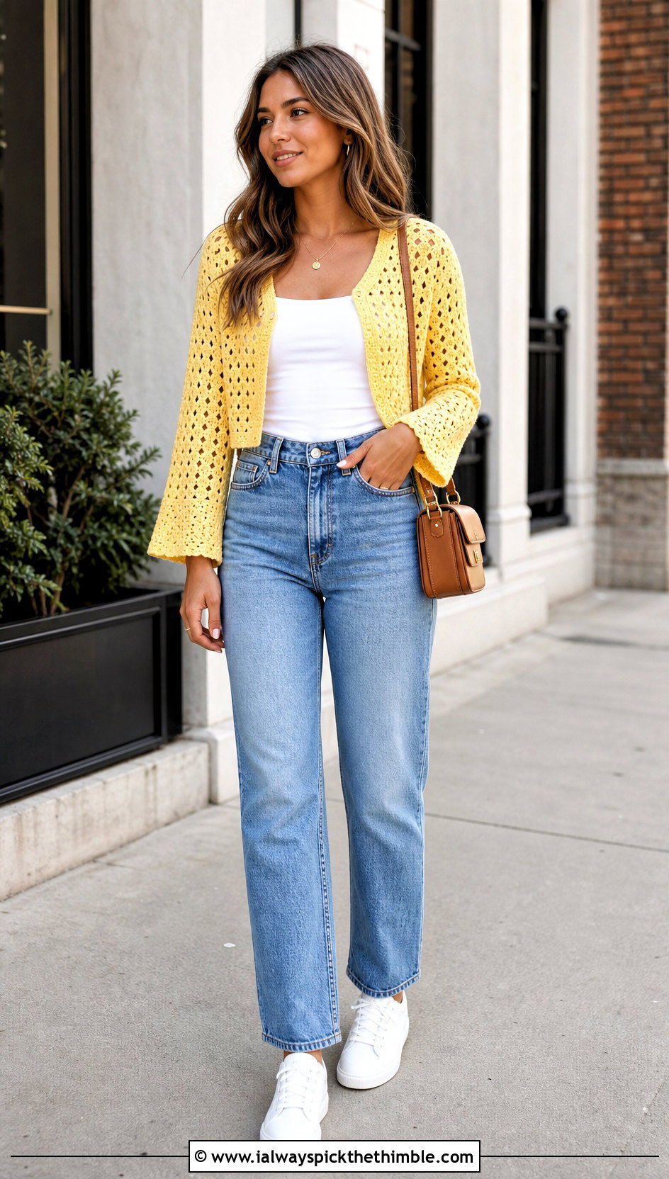 Yellow Cropped V Neck Crochet Cardigan With Straight Jeans - 20 yellow crochet cardigan outfit ideas