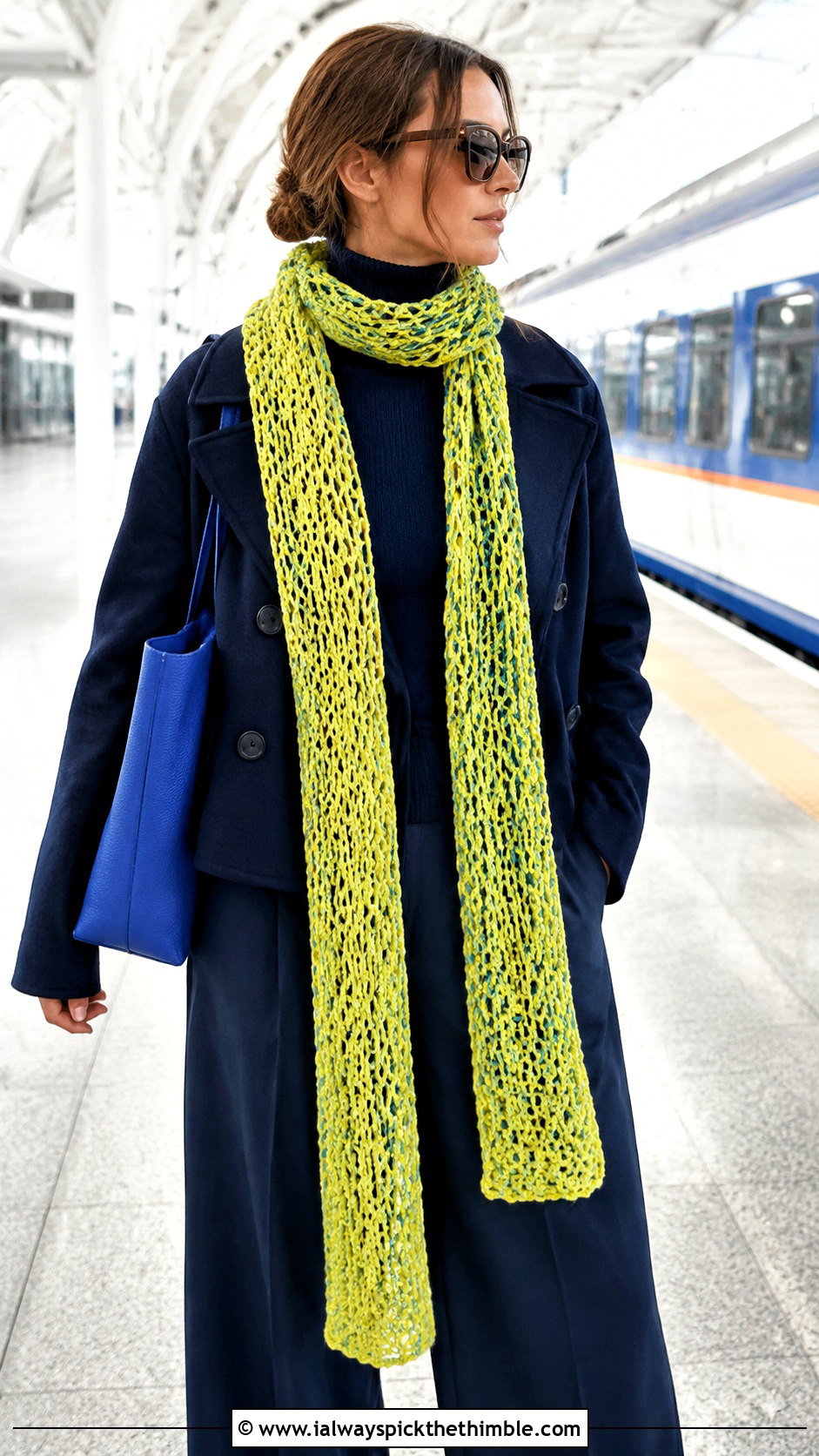 Yellow Extra Long Woven Crochet Scarf With Navy Outfit - 15 autumn yellow crochet scarf outfit ideas