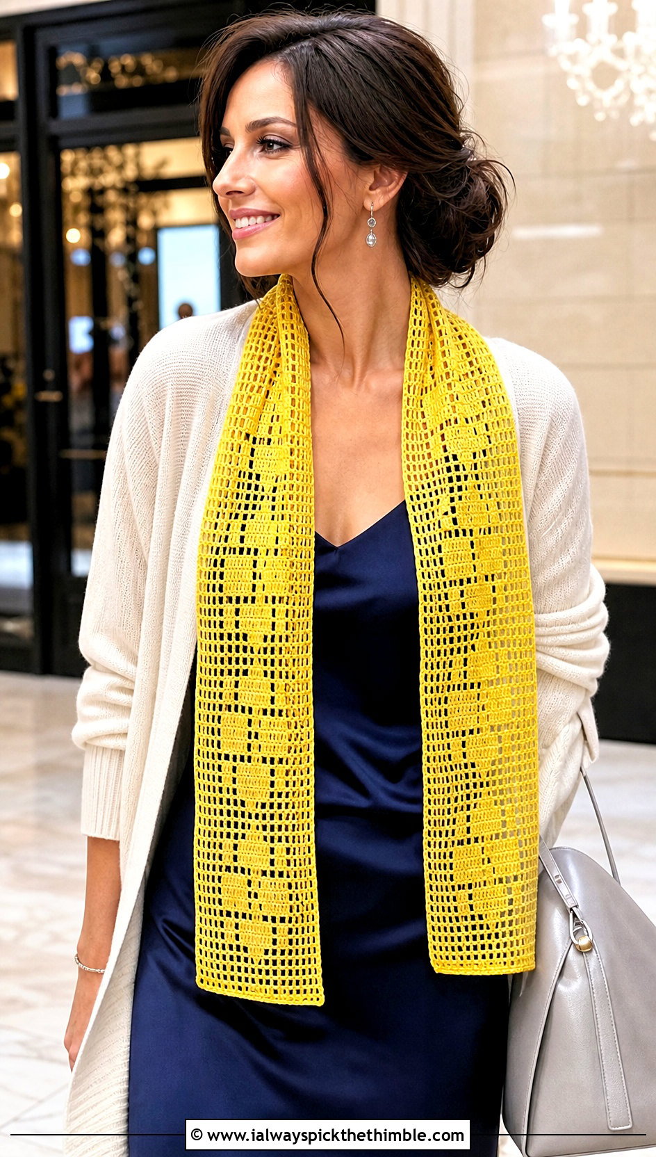 Yellow Filet Crochet Scarf With Slip Dress - 15 yellow crocheted scarf on table outfit ideas