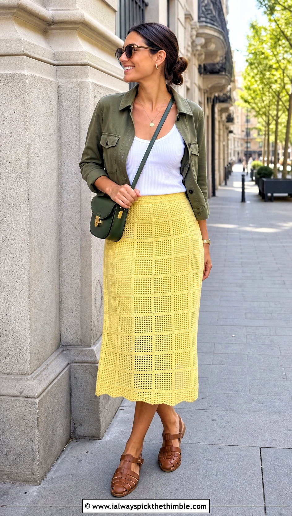 Yellow Filet Crochet Skirt With Utility Jacket - 25 yellow crochet skirt outfit ideas