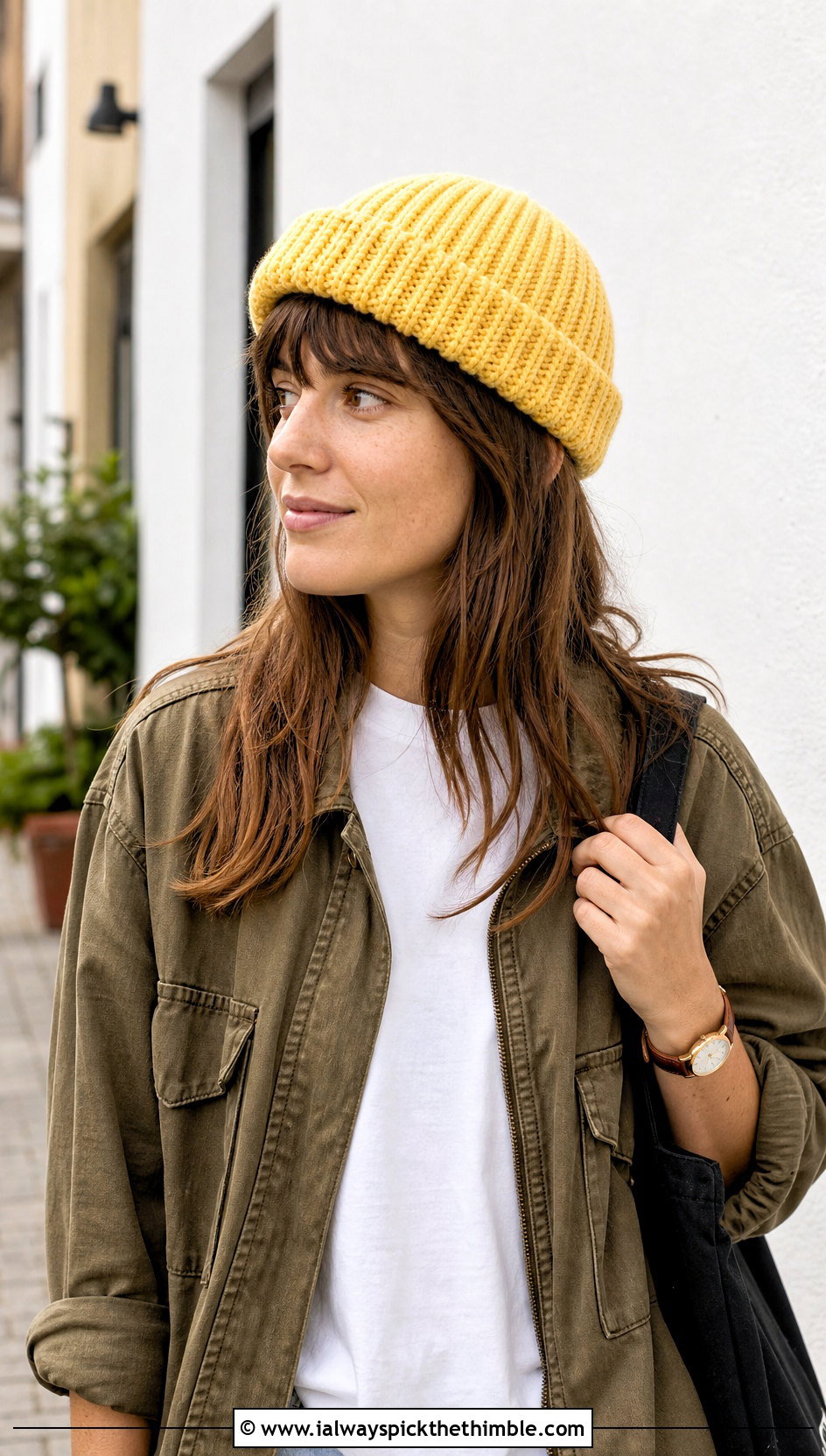 Yellow Fisherman Crochet Beanie With Utility Jacket - 25 yellow crochet hat outfit ideas