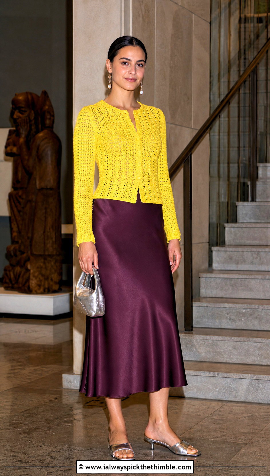 Yellow Fitted Button Front Crochet Cardigan With Satin Skirt - 20 yellow crochet cardigan outfit ideas