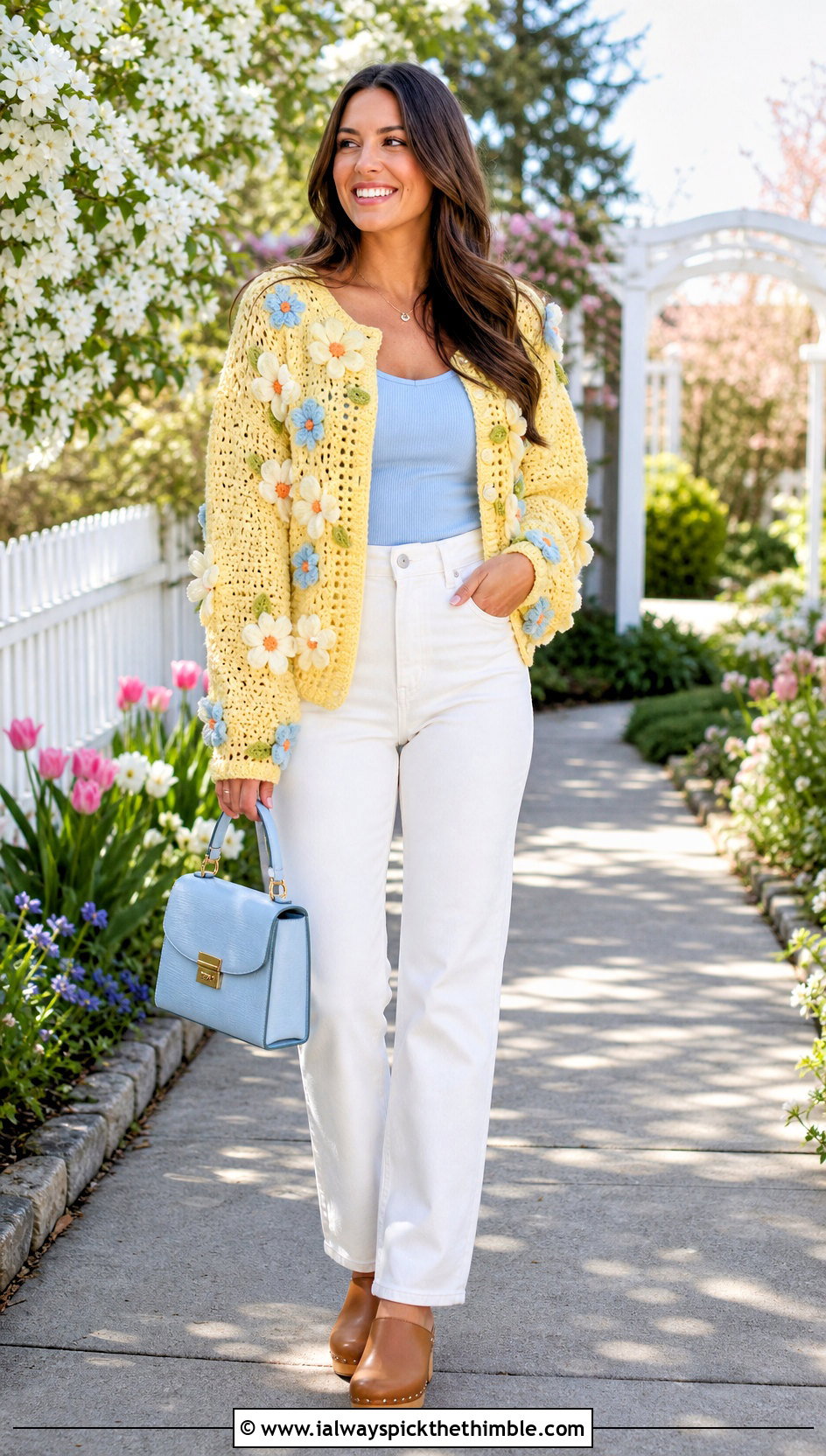 Yellow Floral Applique Crochet Cardigan With White Jeans - 20 yellow crochet cardigan outfit ideas