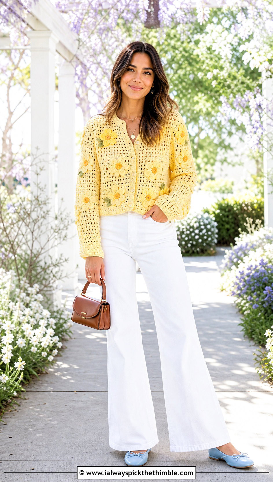 Yellow Floral Applique Crochet Cardigan With White Jeans - 15 Yellow Crochet Cardigan With Buttons outfit ideas