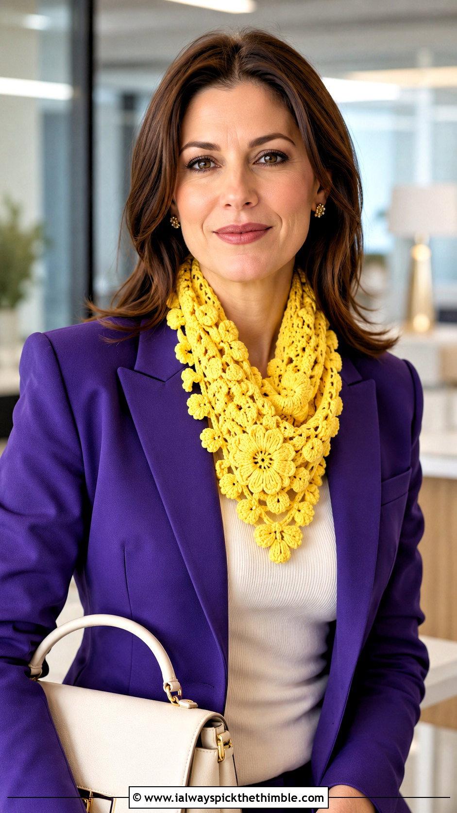 Yellow Flower Applique Crochet Scarf With Trouser Suit - 15 autumn yellow crochet scarf outfit ideas