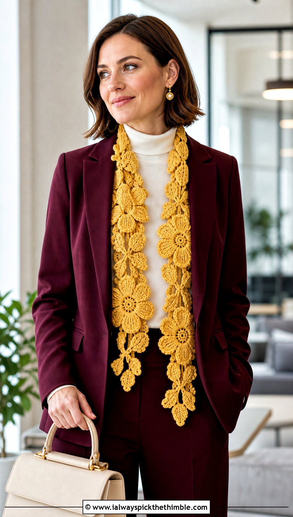 Yellow Flower Applique Scarf With Burgundy Suit - 15 yellow crocheted scarf on table outfit ideas