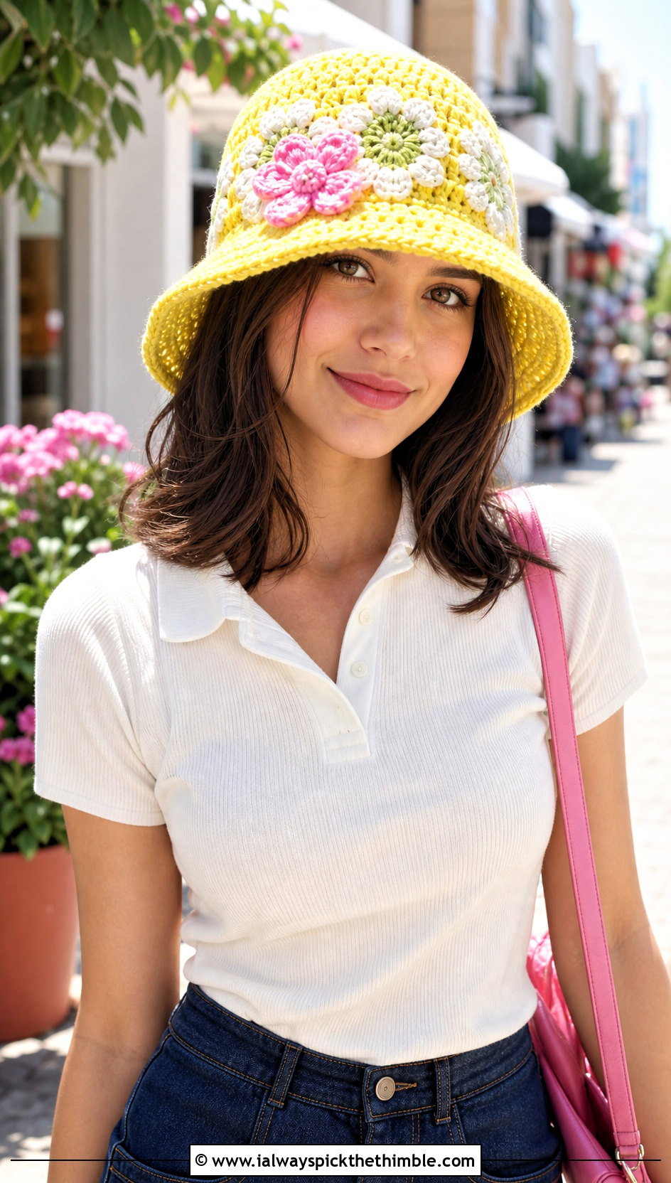 Yellow Flower Crochet Bucket Hat With Denim Skirt - 25 yellow crochet hat outfit ideas