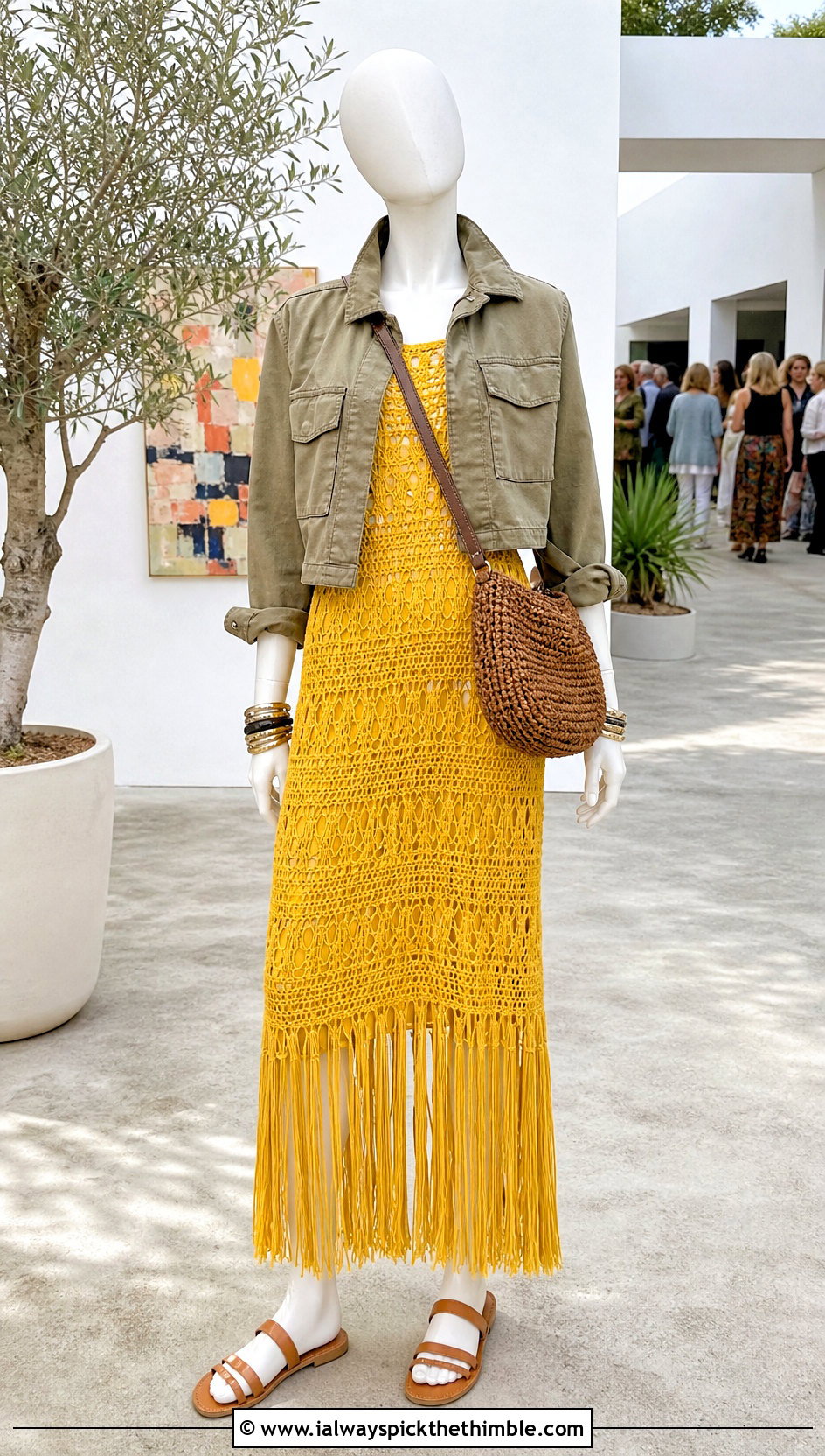 Yellow Fringe Crochet Maxi Dress With Utility Jacket - 15 yellow crochet dress on mannequin outfit ideas
