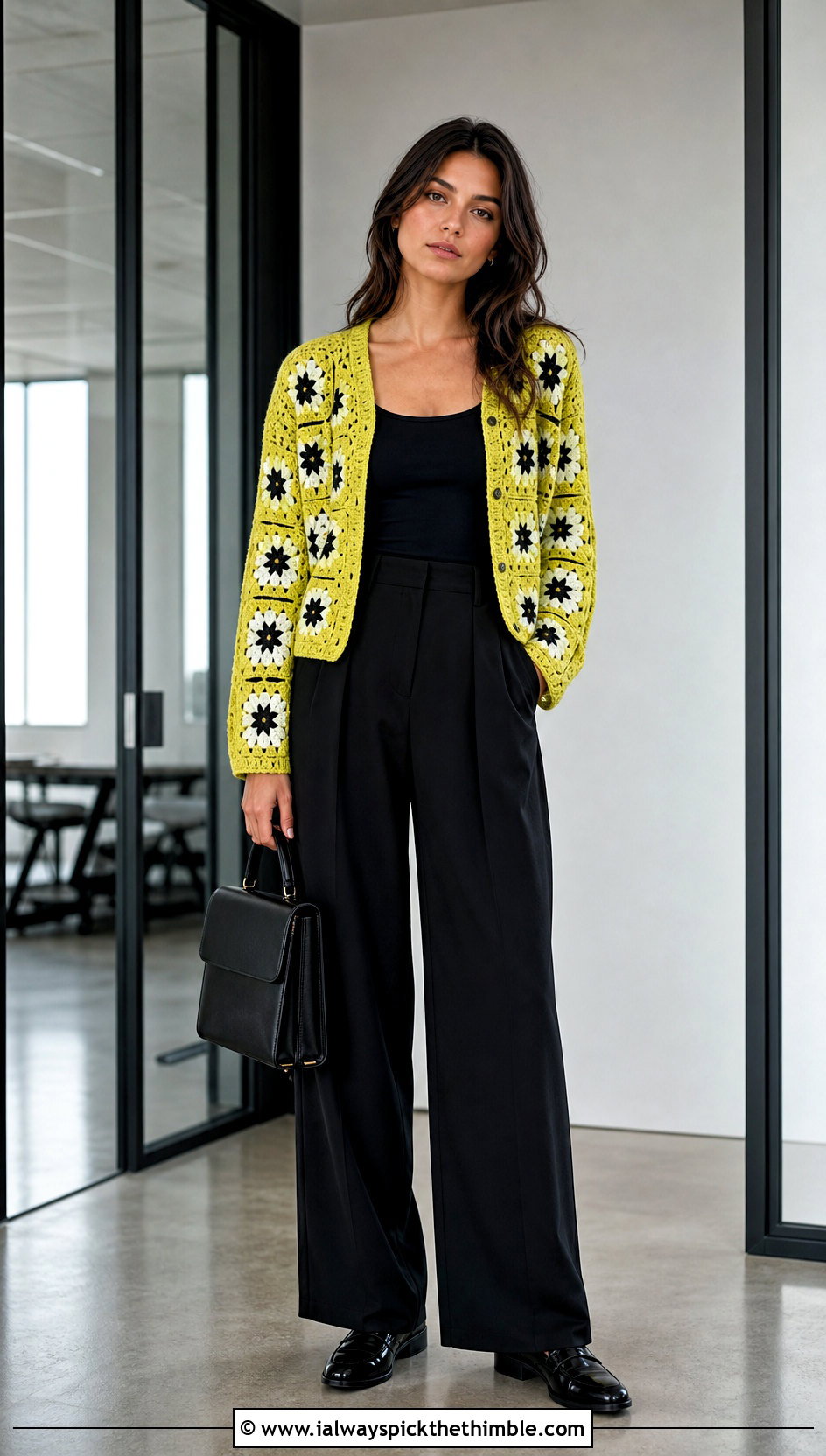 Yellow Granny Square Crochet Cardigan With Black Trousers - 20 yellow crochet cardigan outfit ideas