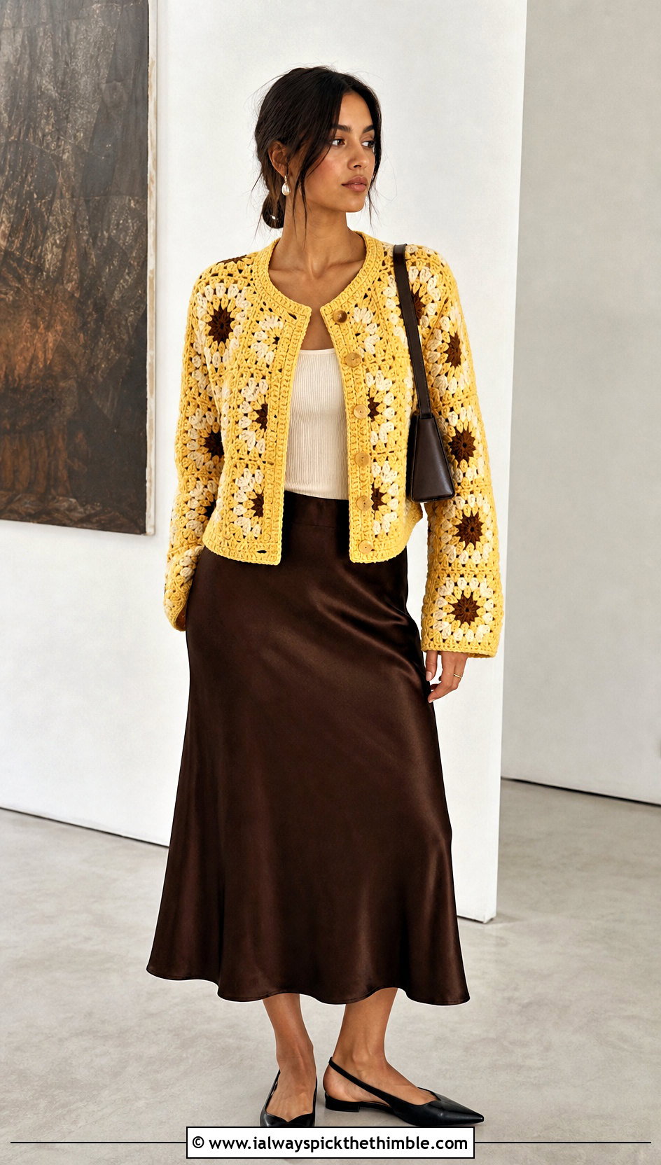 Yellow Granny Square Crochet Cardigan With Satin Slip Skirt - 15 Yellow Crochet Cardigan With Buttons outfit ideas