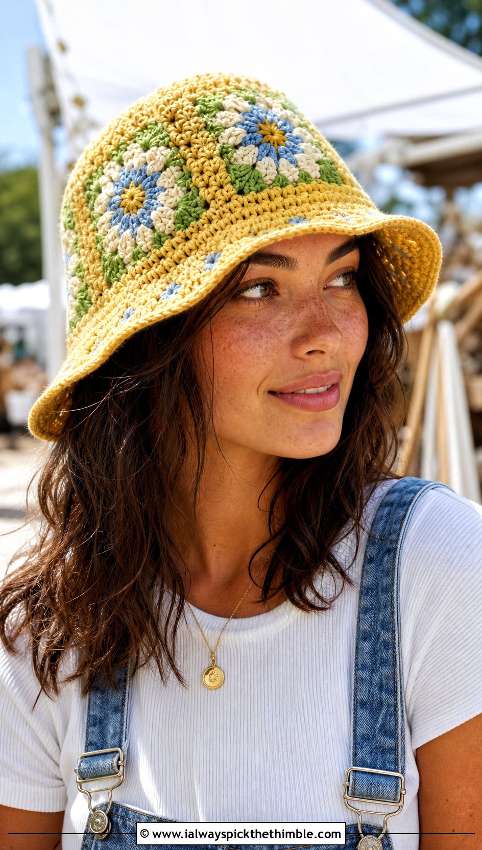 Yellow Granny Square Crochet Hat With Denim Overalls - 25 yellow crochet hat outfit ideas